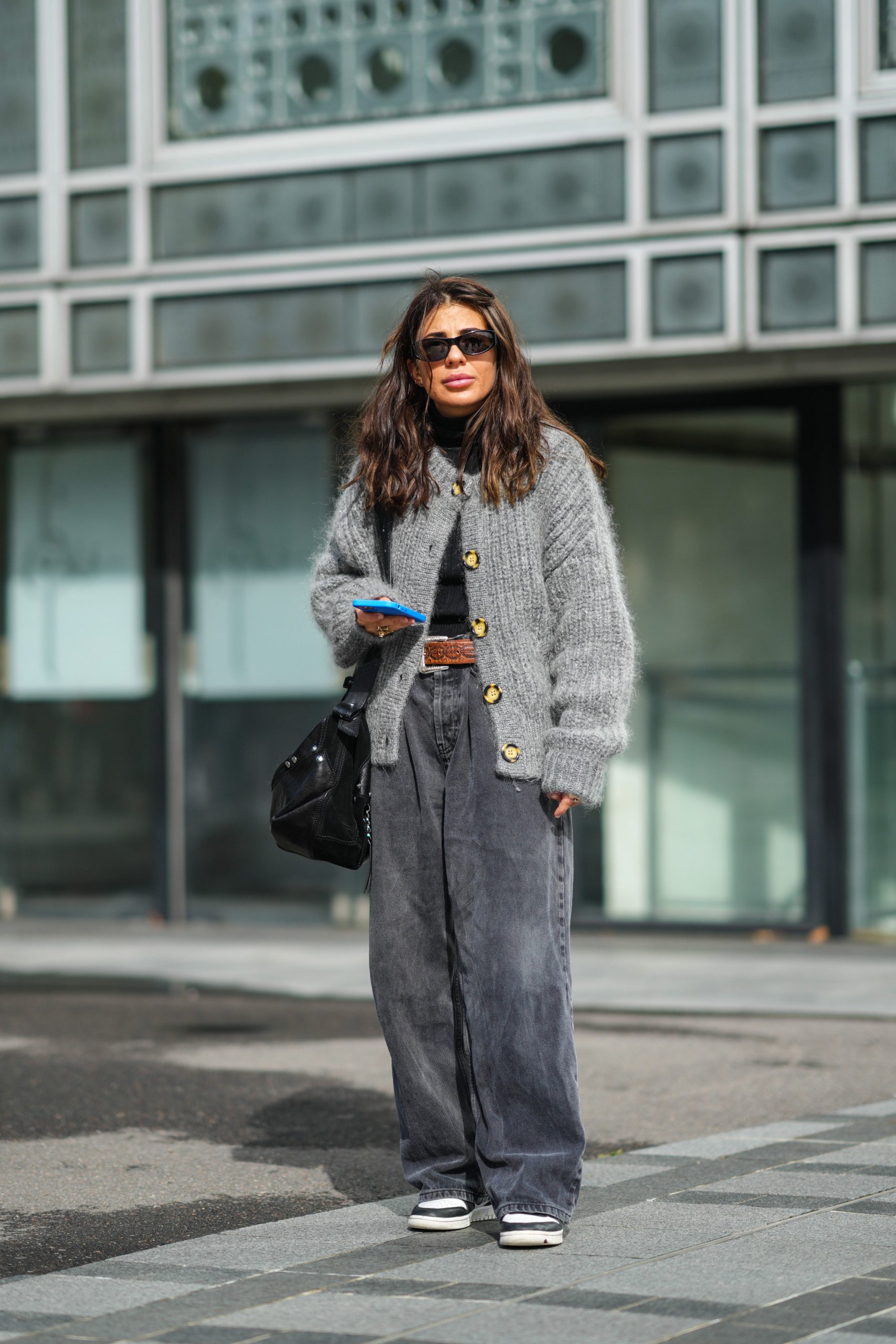 Grey Fuzzy Cardigan Over Black Turtleneck with Baggy Jeans Grey Fuzzy Cardigan Over Black Turtleneck with Baggy Jeans — Sweater Outfits