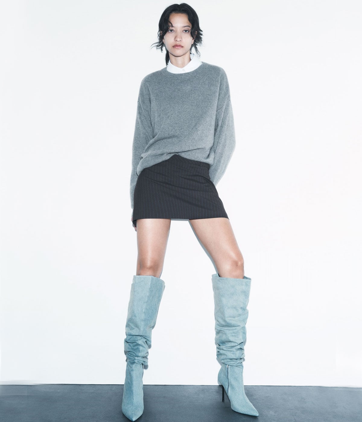 Unexpected Hue: Light Blue Slouchy Boots with Oversized Sweater Unexpected Hue: Light Blue Slouchy Boots with Oversized Sweater — Over the Knee Boots Outfits
