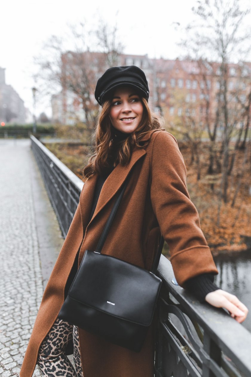 Brown Wool Coat with Leopard Print Leggings for a Bold Statement — Casual Winter Outfits
