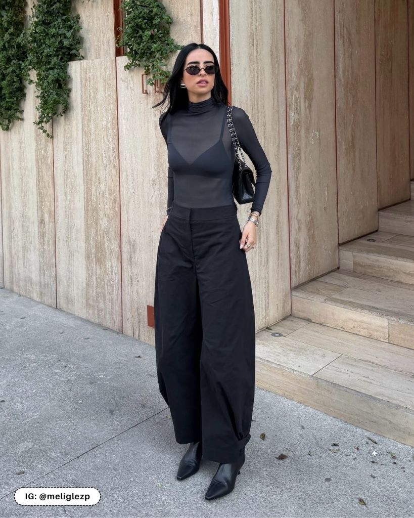 Fashion-Forward Black Ensemble with Sheer Top and Pointed-Toe Ankle Boots Fashion-Forward Black Ensemble with Sheer Top and Pointed-Toe Ankle Boots — Ankle Boots Outfits