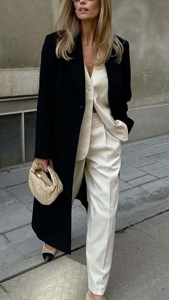 Long Black Coat with Cream Satin Top and Trousers — Minimalist Winter Outfits