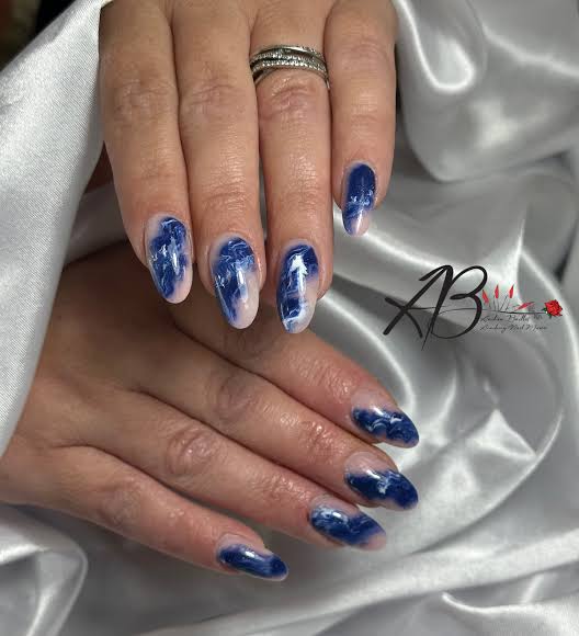 Deep Blue Winter Marble Nails