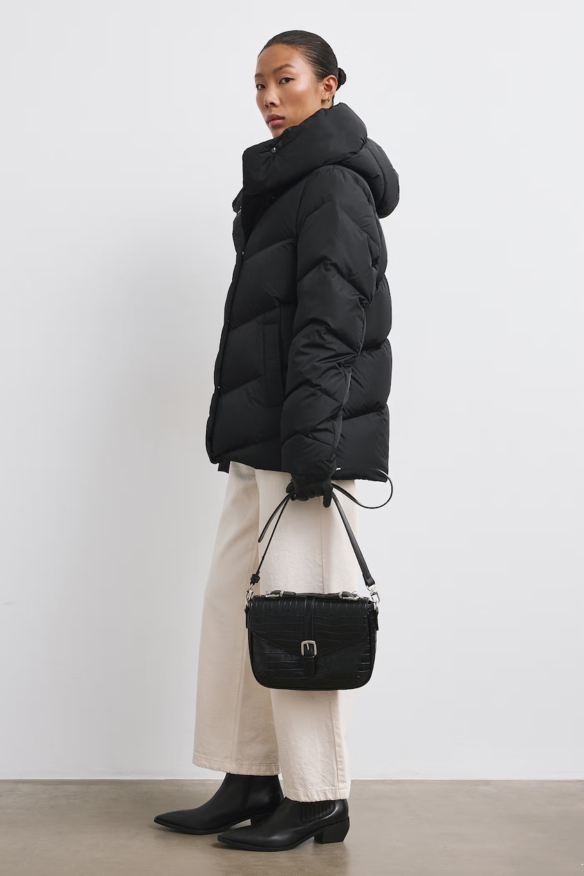 Black Puffer Jacket with Cream Wide-Leg Trousers Black Puffer Jacket with Cream Wide-Leg Trousers — Cold Weather Outfits
