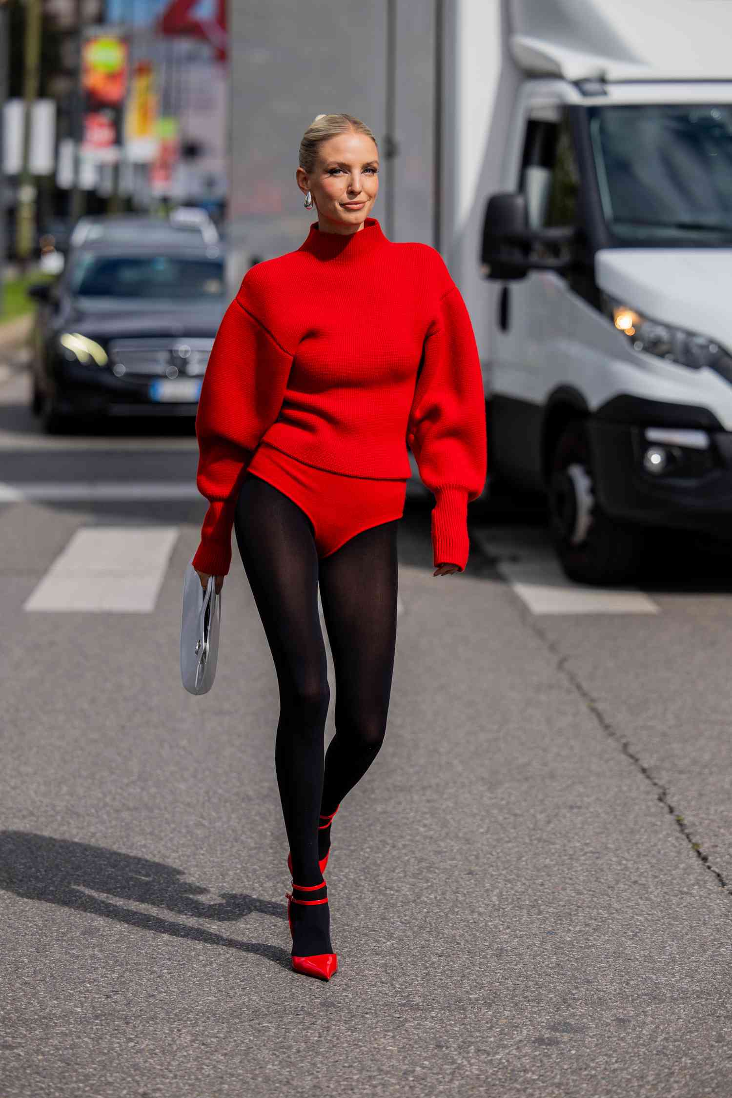 Bold Red Bodysuit and Black Tights for a Fashion-Forward Event Bold Red Bodysuit and Black Tights for a Fashion-Forward Event — Tights Outfits