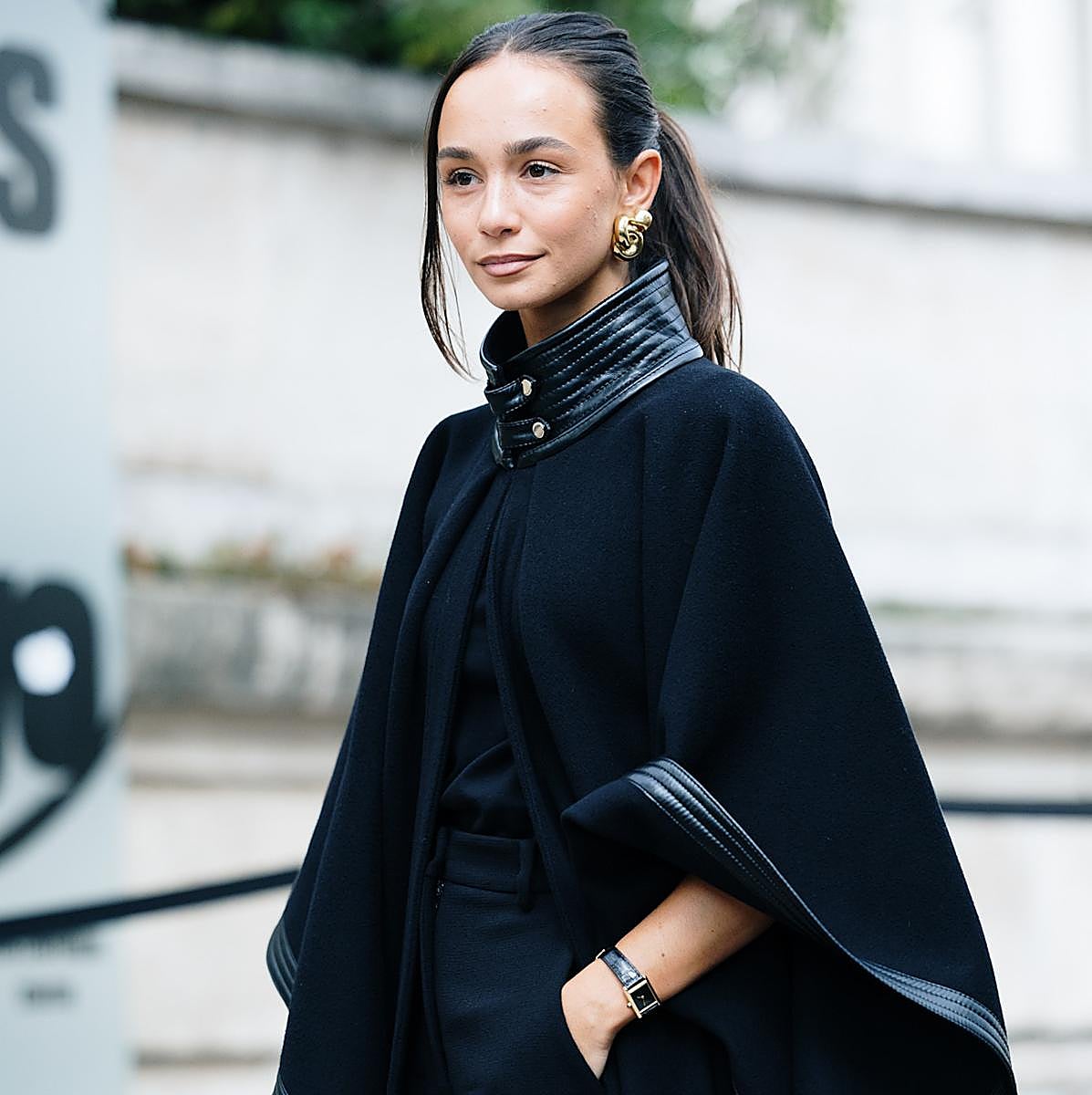 Monochromatic Black Cape with Leather Trim — Winter Layering Outfits