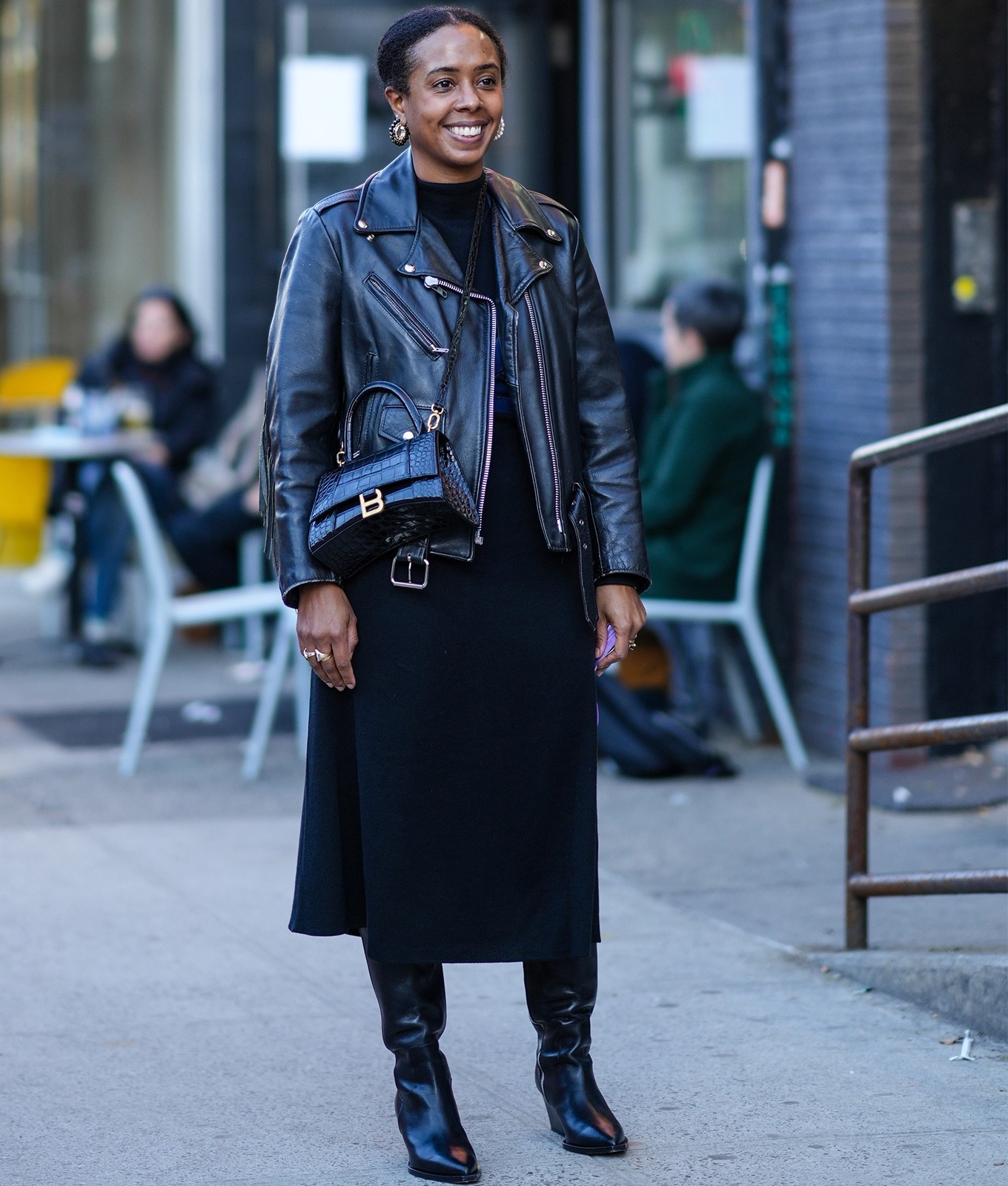Leather Biker Jacket with Midi Skirt and Turtleneck Leather Biker Jacket with Midi Skirt and Turtleneck — Winter Dinner Outfits