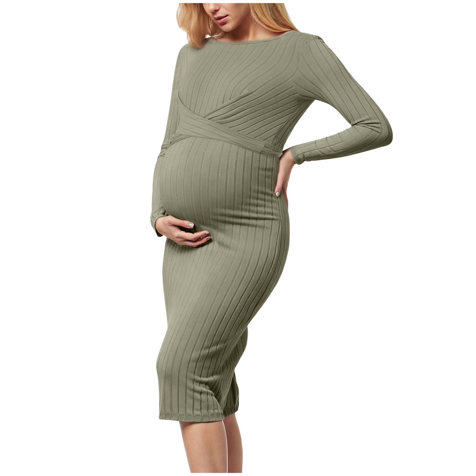 Sage Green Long-Sleeved Ribbed Knit Crossover Dress Sage Green Long-Sleeved Ribbed Knit Crossover Dress — Winter Maternity Outfits