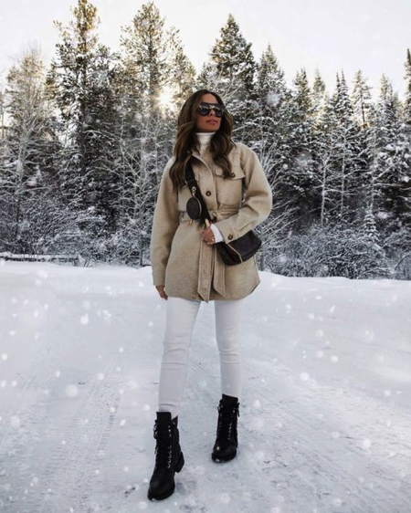 Shearling-Lined Shacket and White Pants for a Stylish Snow Day — Snow Day Outfits