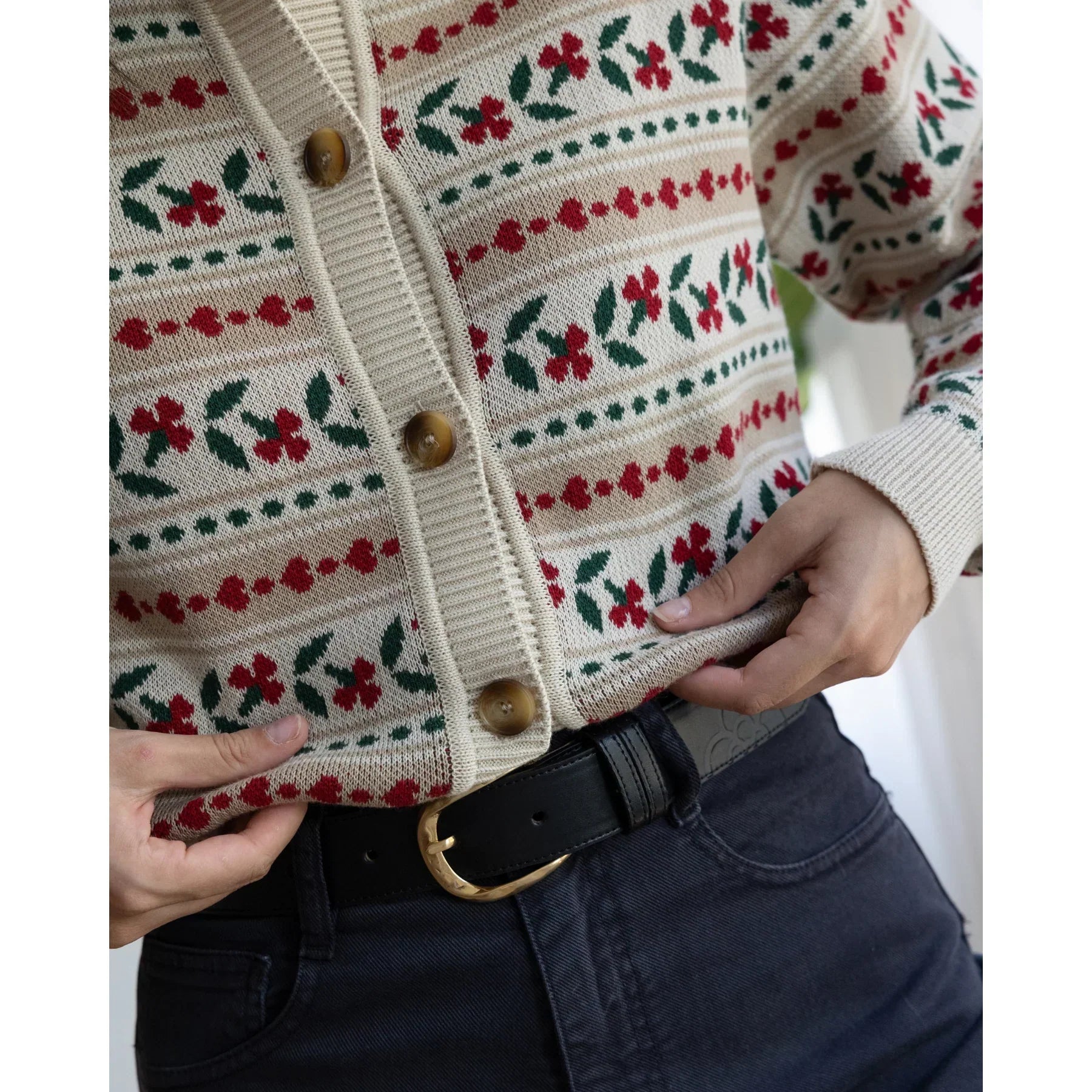 Floral Patterned Knit Cardigan with Belt Floral Patterned Knit Cardigan with Belt — Cardigan Outfits