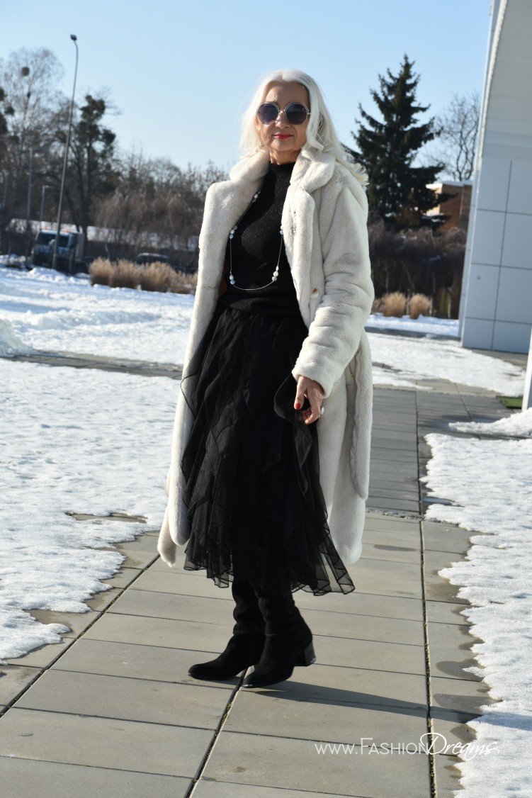 Black Tulle Skirt with a Dramatic White Faux Fur Coat — Winter Skirt Outfits