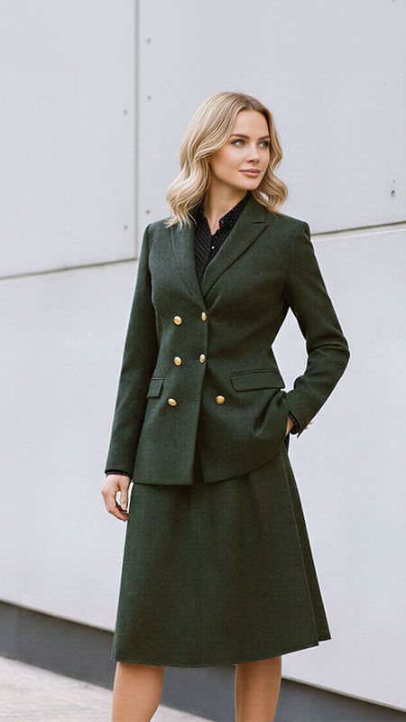 Dark Green Blazer with Polka Dot Blouse and Sneakers — Late Winter Outfits