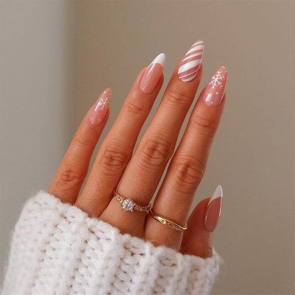 White Snowflakes And Candy Cane Stripes Visual Idea — Winter Nude Nails