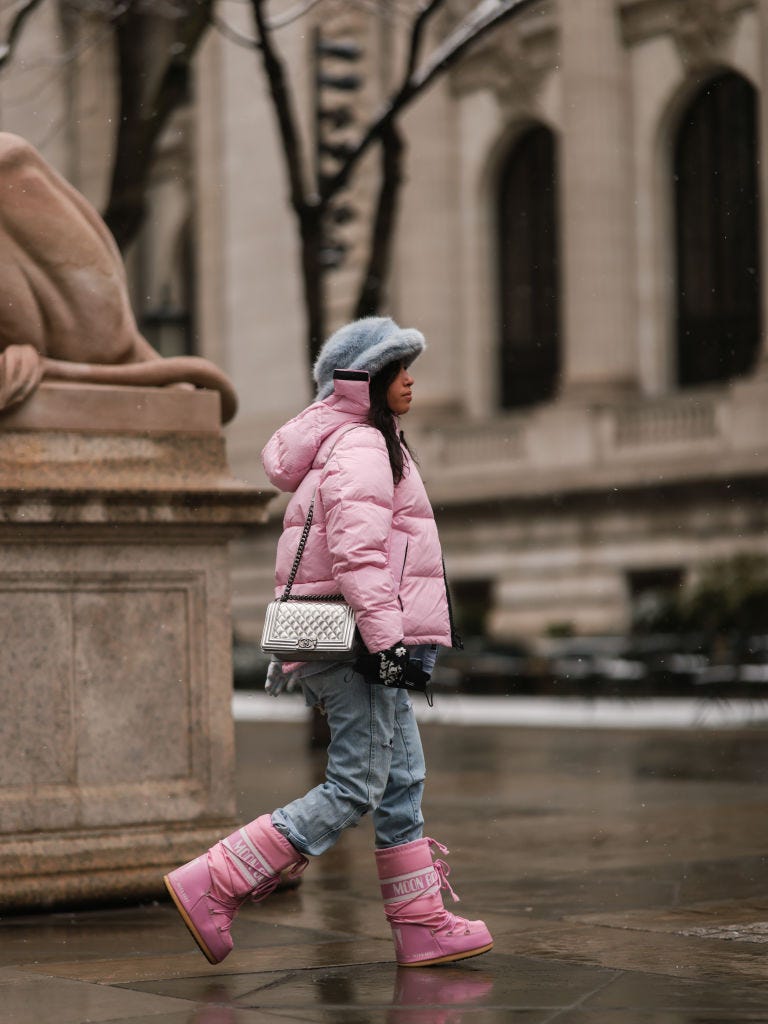 Playful Pink Puffer and Moon Boots for a Snowy City Day — NYC Winter Outfits
