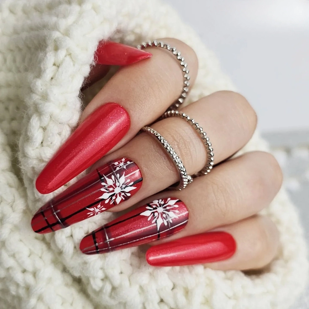 Vibrant Red Plaid Winter Nails