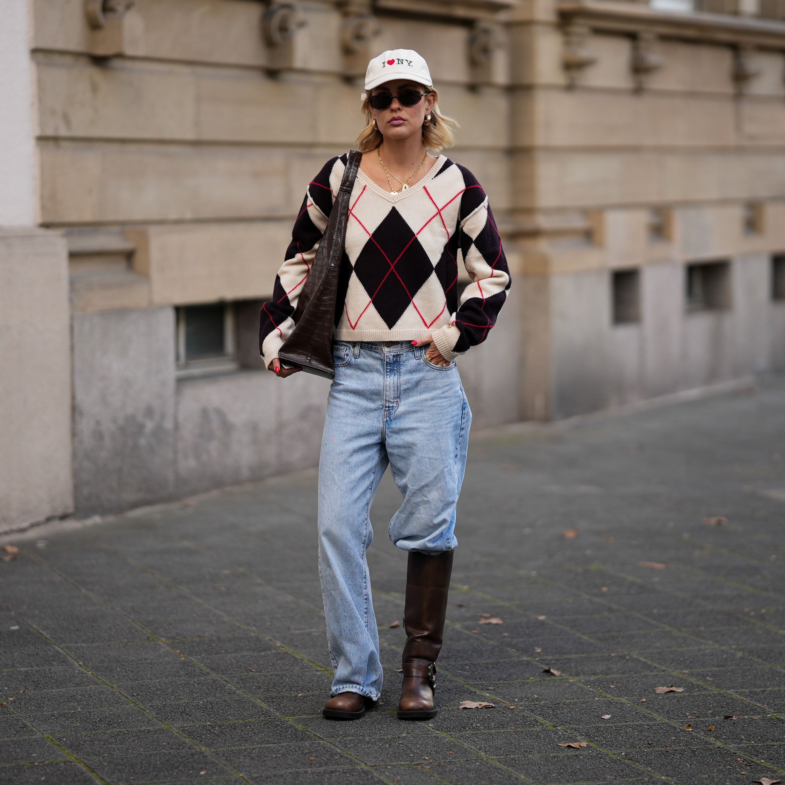 Argyle Sweater and Knee-High Boots with Wide Leg Jeans Argyle Sweater and Knee-High Boots with Wide Leg Jeans — Winter Outfits with Wide Leg Jeans