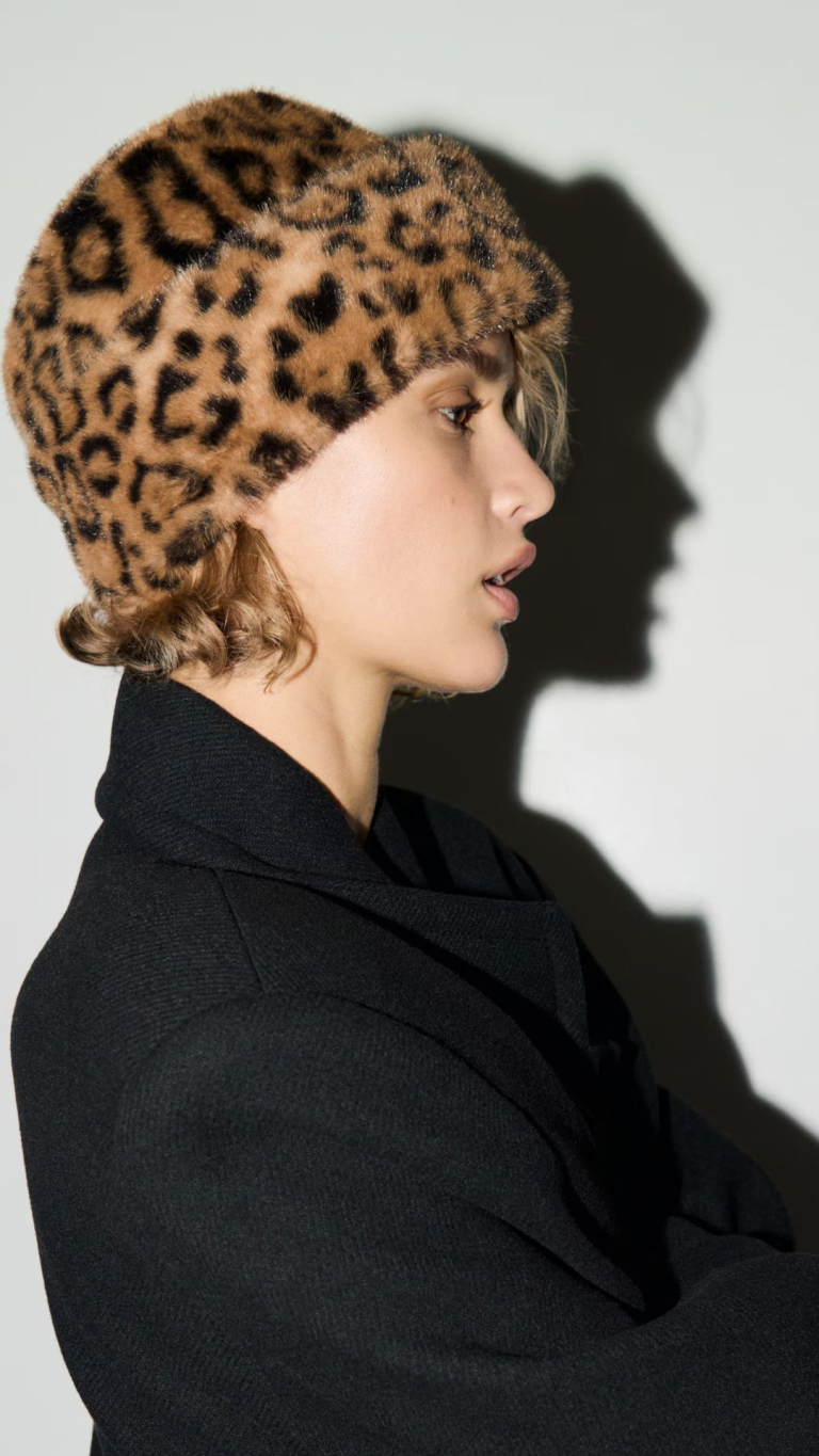 Statement Leopard Print Fur Hat with a Black Wool Coat — Fur Hat Outfits