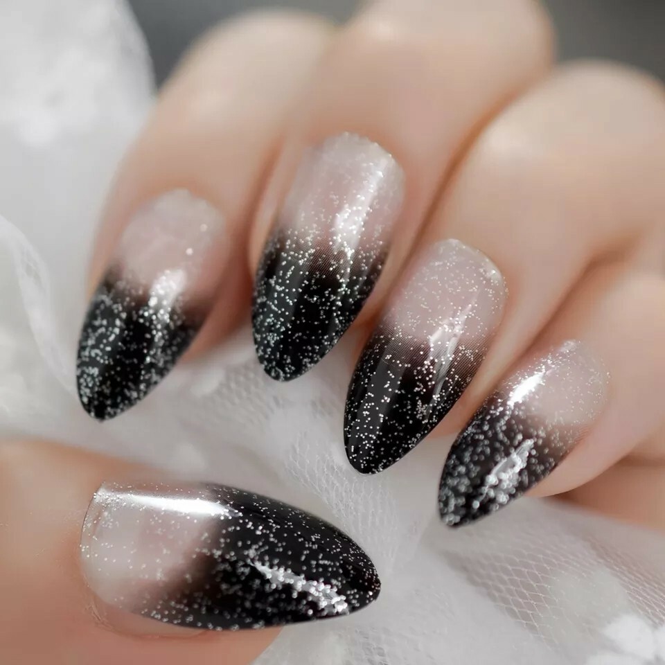 Nude to Clear Silver Glitter Stiletto — Winter Ombre Nails