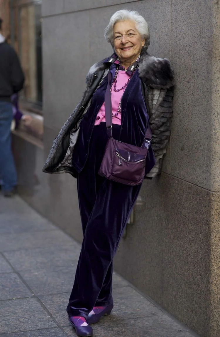 Purple Velvet Suit and Grey Faux Fur Trim Coat Purple Velvet Suit and Grey Faux Fur Trim Coat — Winter Outfits for Women Over 70