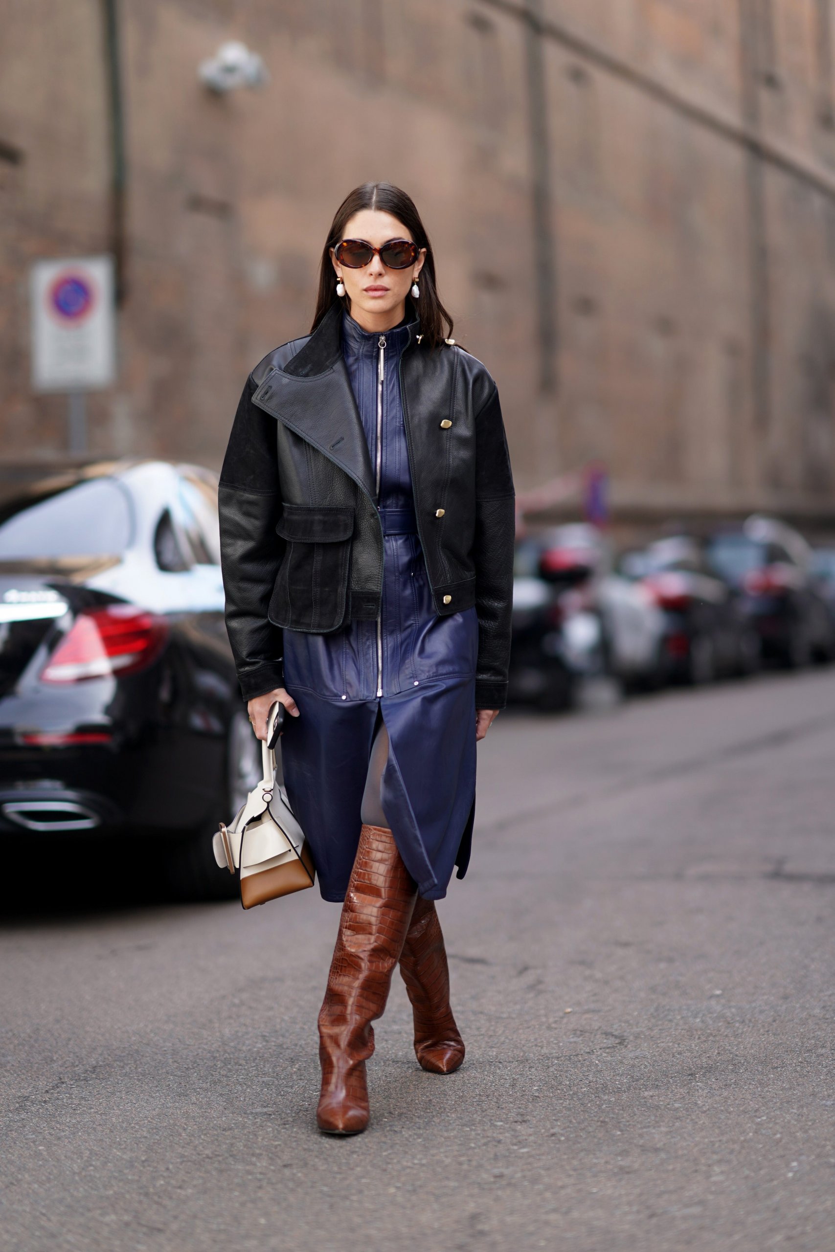 Textured Finish: Blue Dress, Leather Jacket, and Brown Knee-High Boots Textured Finish: Blue Dress, Leather Jacket, and Brown Knee-High Boots — Over the Knee Boots Outfits