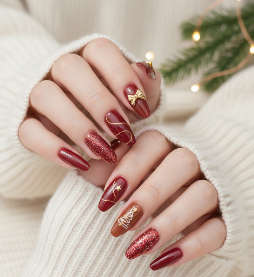 Long Coffin Deep Red Festive Motifs Long Coffin Deep Red Festive Motifs — Winter Nail Colors