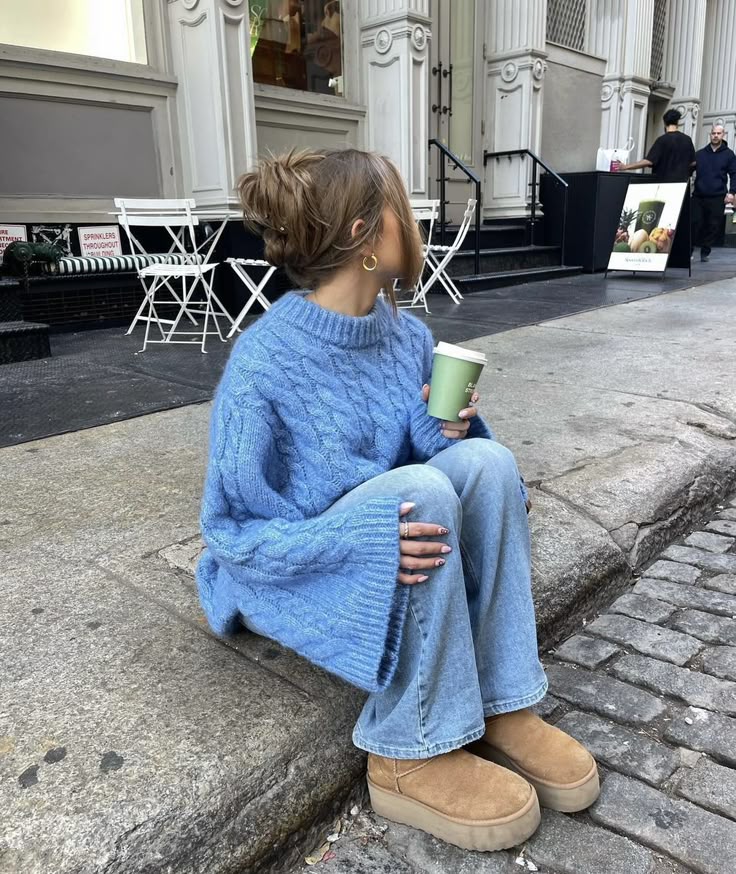 Sky Blue Cable-Knit Sweater with Light Wash Denim and UGGs Sky Blue Cable-Knit Sweater with Light Wash Denim and UGGs — Oversized Sweater Outfits