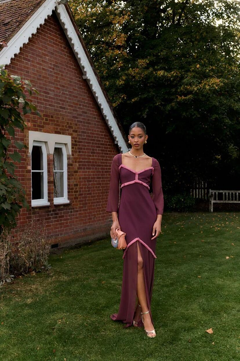 Deep Plum Dress with Contrasting Pink Trim Deep Plum Dress with Contrasting Pink Trim — Winter Wedding Guest Outfits