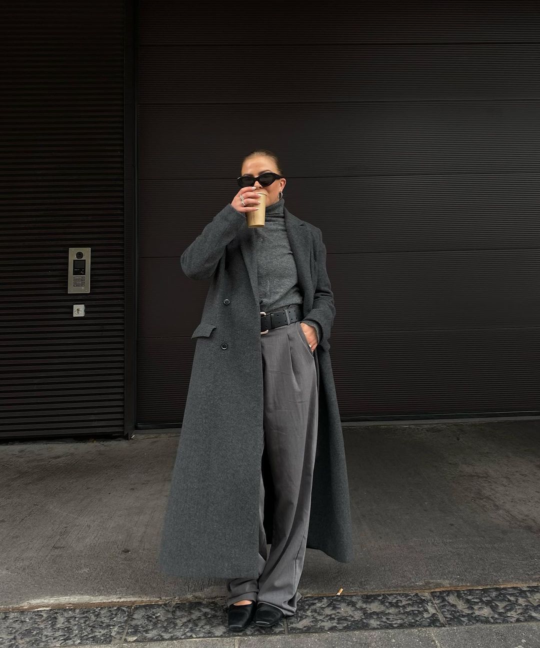 Charcoal Grey Turtleneck and Matching Wide-Leg Trousers Under a Longline Coat — Winter Business Casual Outfits