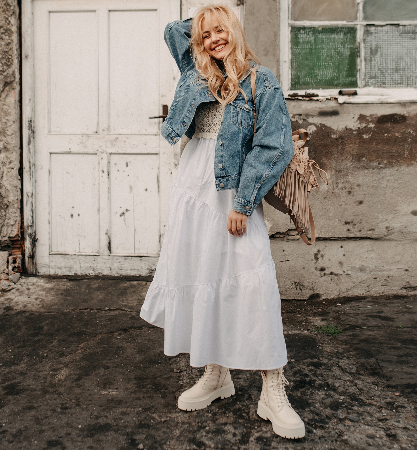Denim Jacket Over Crochet Top and Tiered Maxi Dress Denim Jacket Over Crochet Top and Tiered Maxi Dress — Boho Winter Outfits