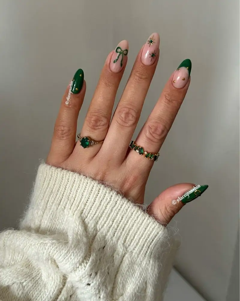 Green Tips with Bows and Stars Green Tips with Bows and Stars — Winter Nail Colors for Women Over 60