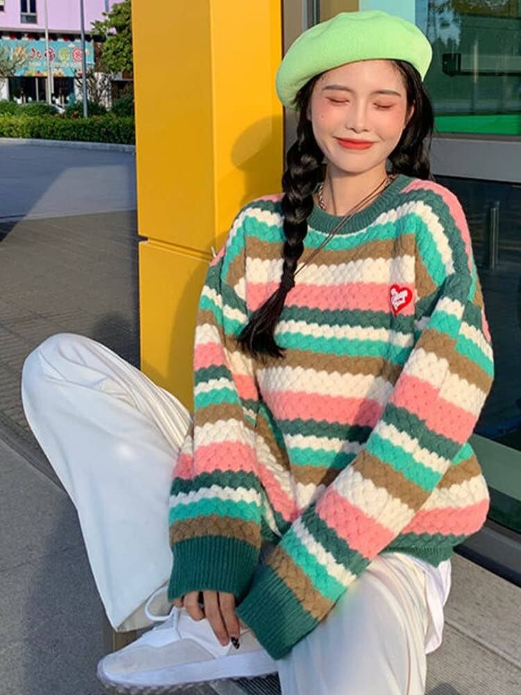 Playful Striped Knit Sweater with Green Beret — Korean Winter Outfits