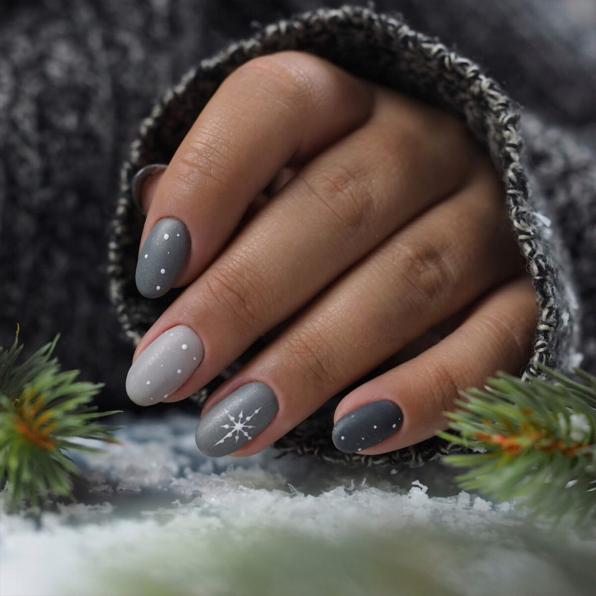 White Leaf-Like Decals On Accent Nails Visual Idea — Winter Gray Nails