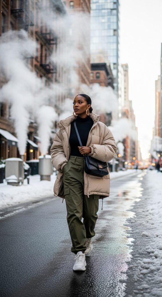 Beige Puffer Jacket with Cargo Pants and Sneakers — Winter Streetwear Outfits