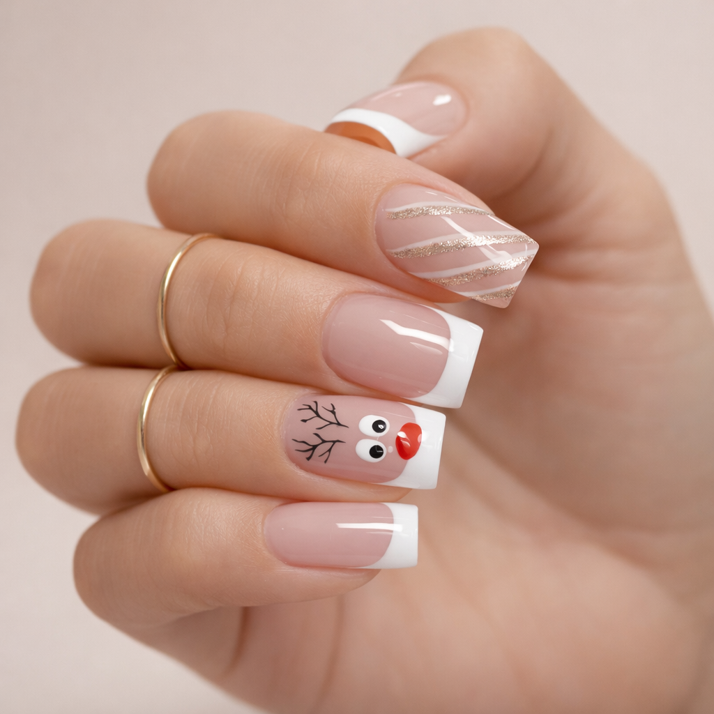 French Manicure With Reindeer Art — Cute Winter Nails