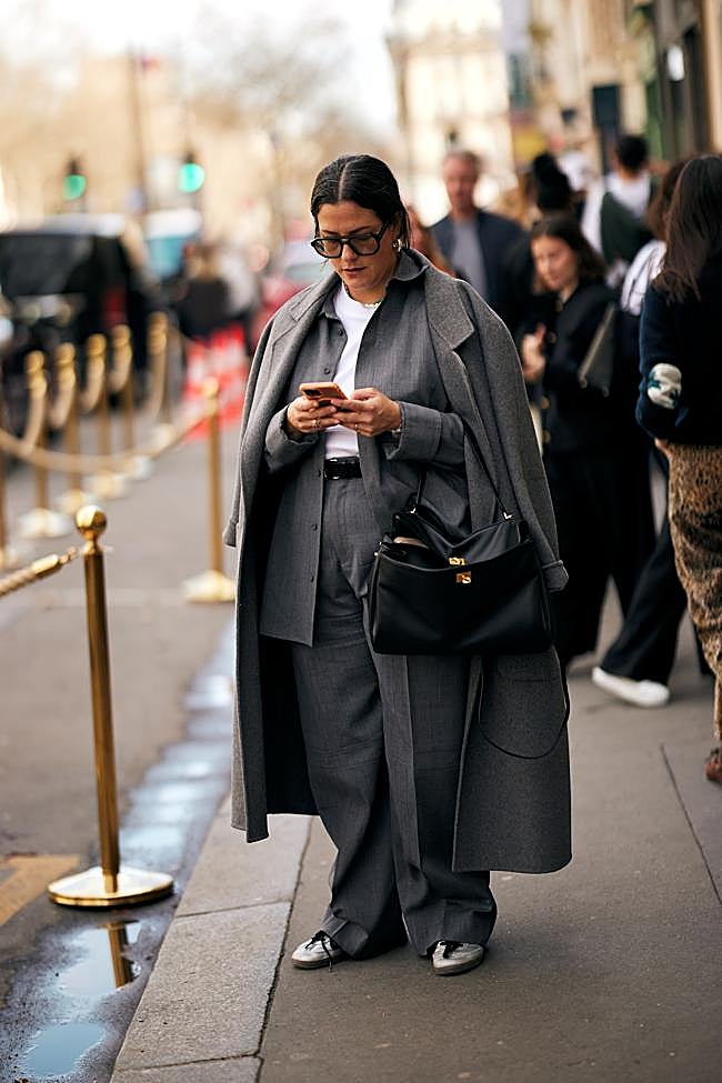 Oversized Grey Suit with Draped Coat and Sneakers — Winter Layering Outfits