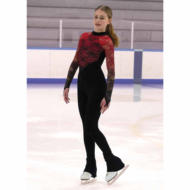 Black Ice Skating Catsuit with Red Lace Overlay on Sleeves and Neckline Black Ice Skating Catsuit with Red Lace Overlay on Sleeves and Neckline — Ice Skating Outfits