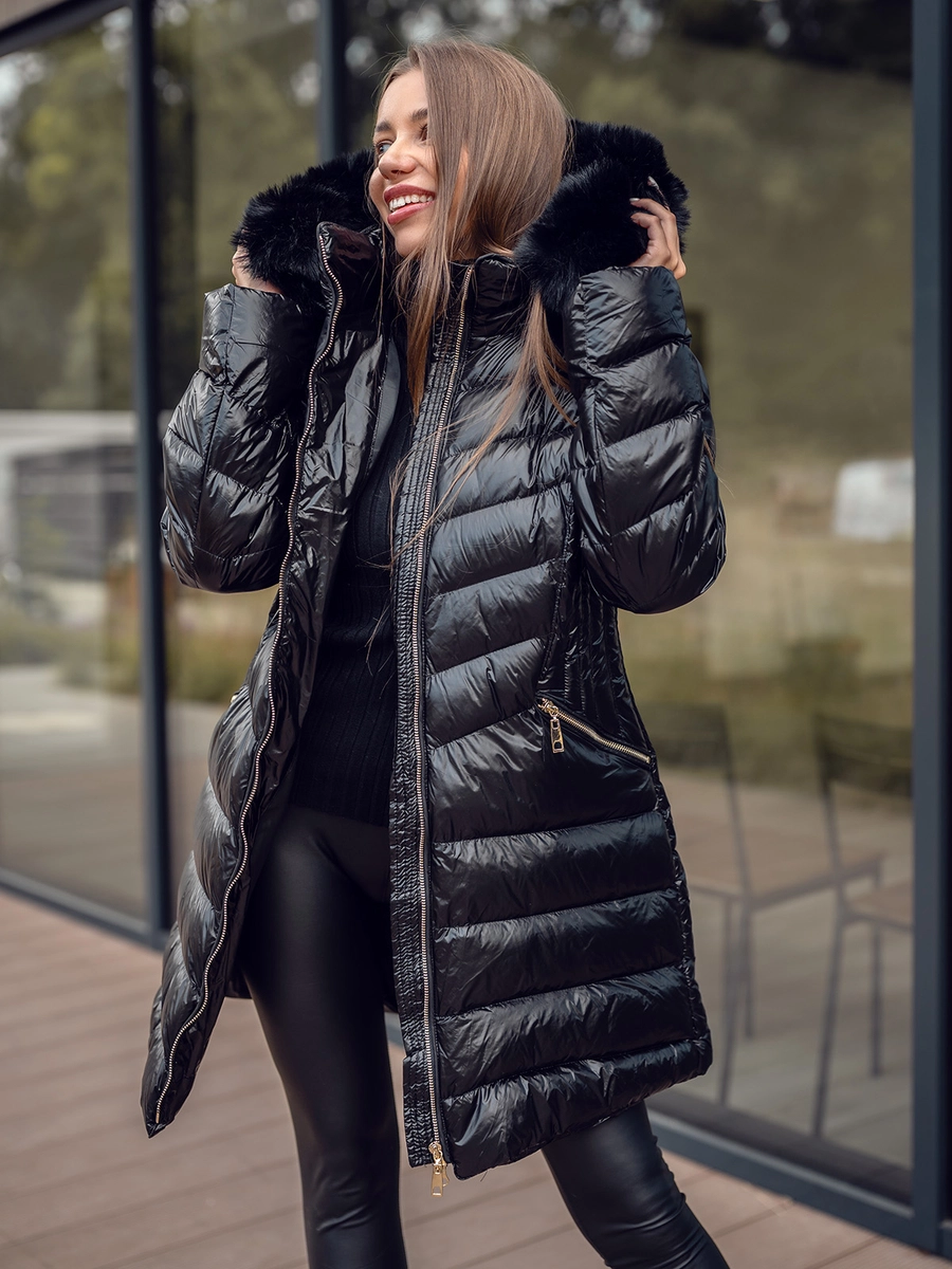 Shiny Black Puffer Coat with Fur Trimmed Hood Shiny Black Puffer Coat with Fur Trimmed Hood — Winter Outfits for Women Over 70