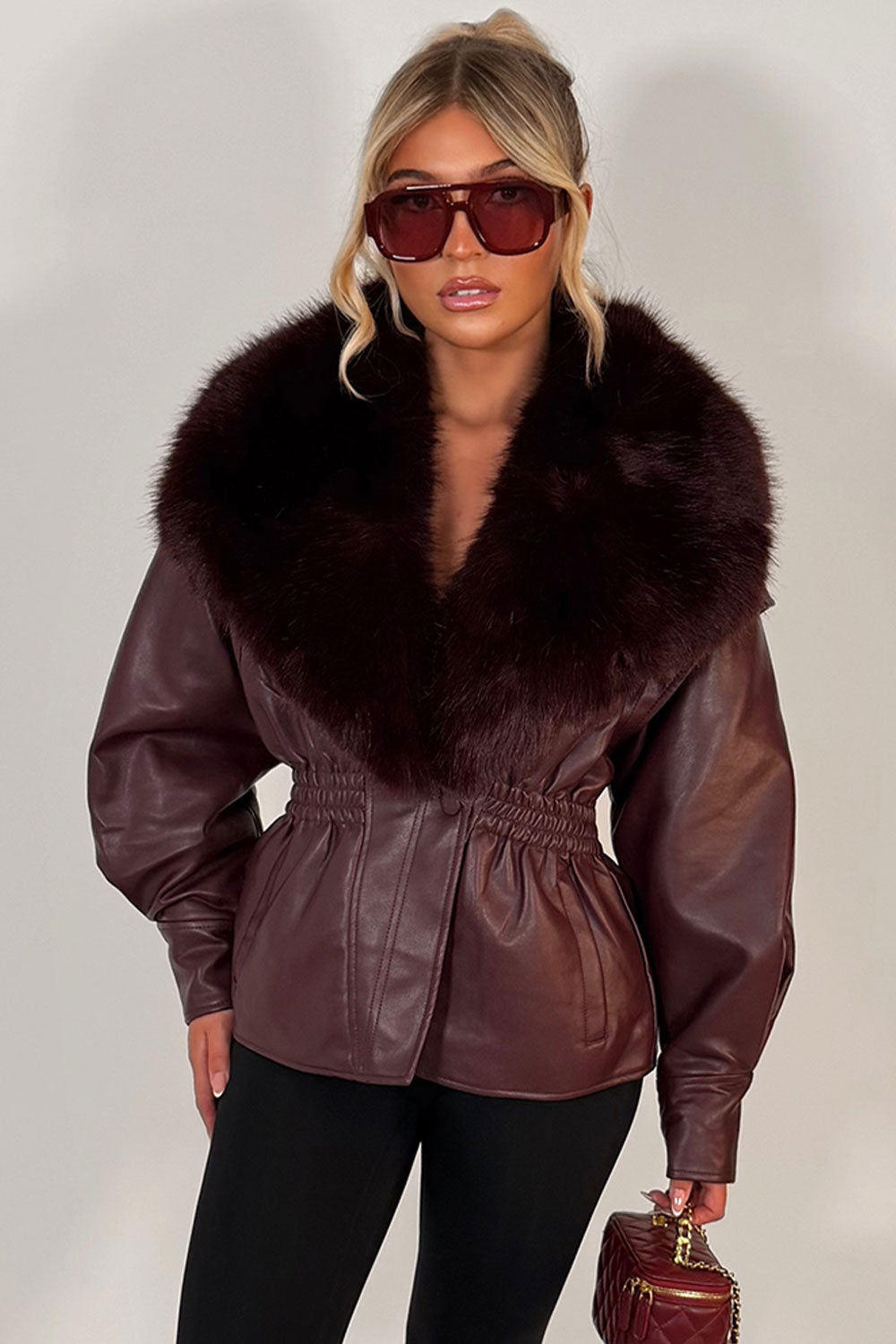 Burgundy Faux Leather Jacket with Faux Fur Collar and Cinched Waist Burgundy Faux Leather Jacket with Faux Fur Collar and Cinched Waist — Winter Jackets for Women
