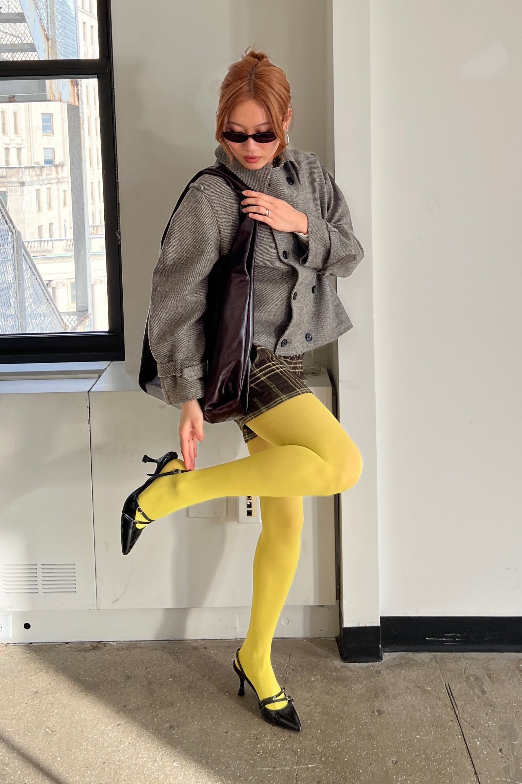 Statement Yellow Tights with a Plaid Mini Skirt and Cropped Jacket Statement Yellow Tights with a Plaid Mini Skirt and Cropped Jacket — Tights Outfits