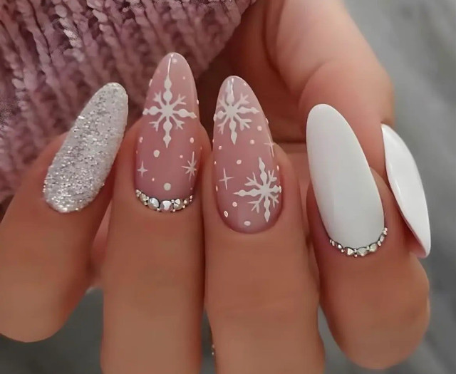 Sheer Pink with Snowflake and Rhinestone Accents — Classy Winter Nails