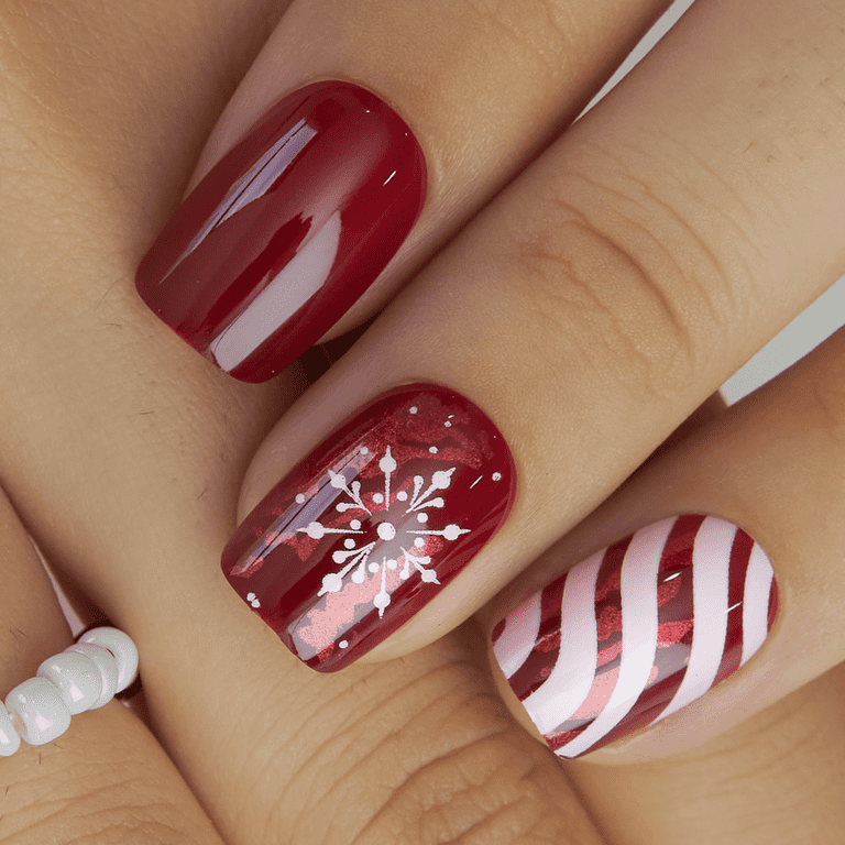 Deep Red Squovals with Snowflake and Candy Cane Deep Red Squovals with Snowflake and Candy Cane — Winter Squoval Nails