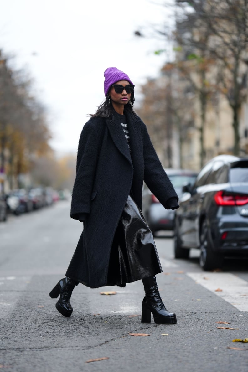 Long Black Coat and Shiny Skirt Winter Streetwear — Winter Streetwear Outfits