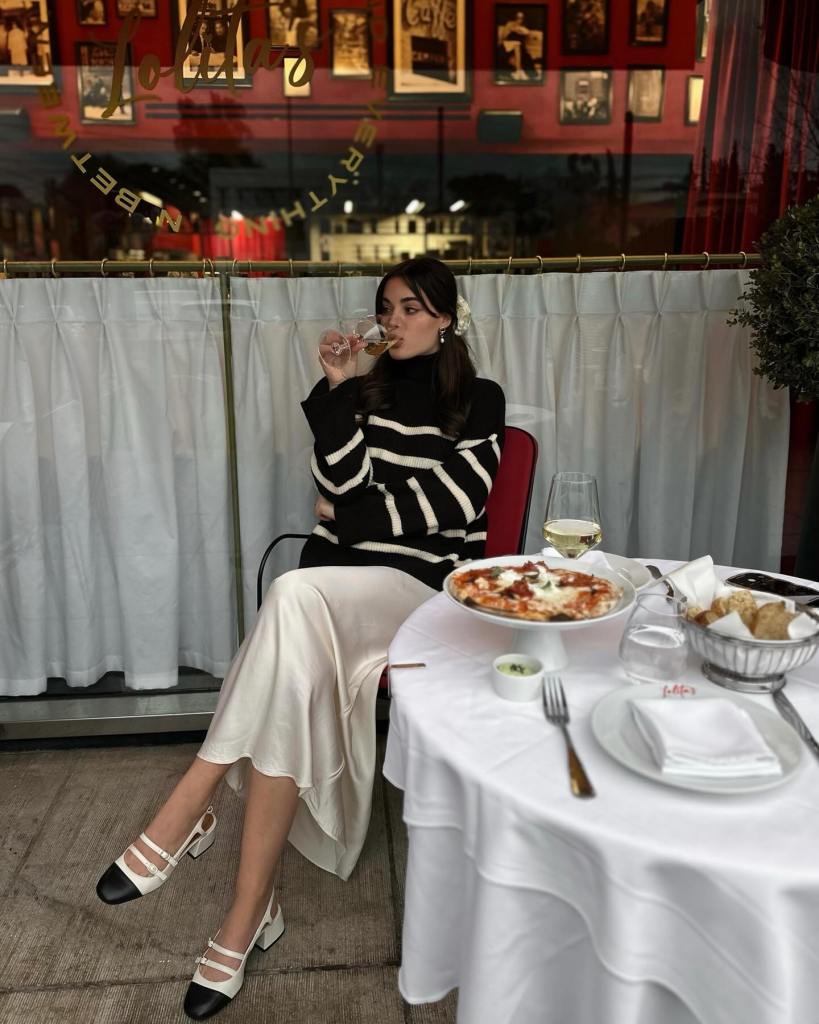 Striped Knit Sweater and Satin Slip Skirt: Evening Casual Elegance Striped Knit Sweater and Satin Slip Skirt: Evening Casual Elegance — Old Money Winter Outfits