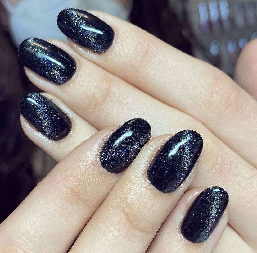 Deep Black with Iridescent Glitter — Winter Black Nails