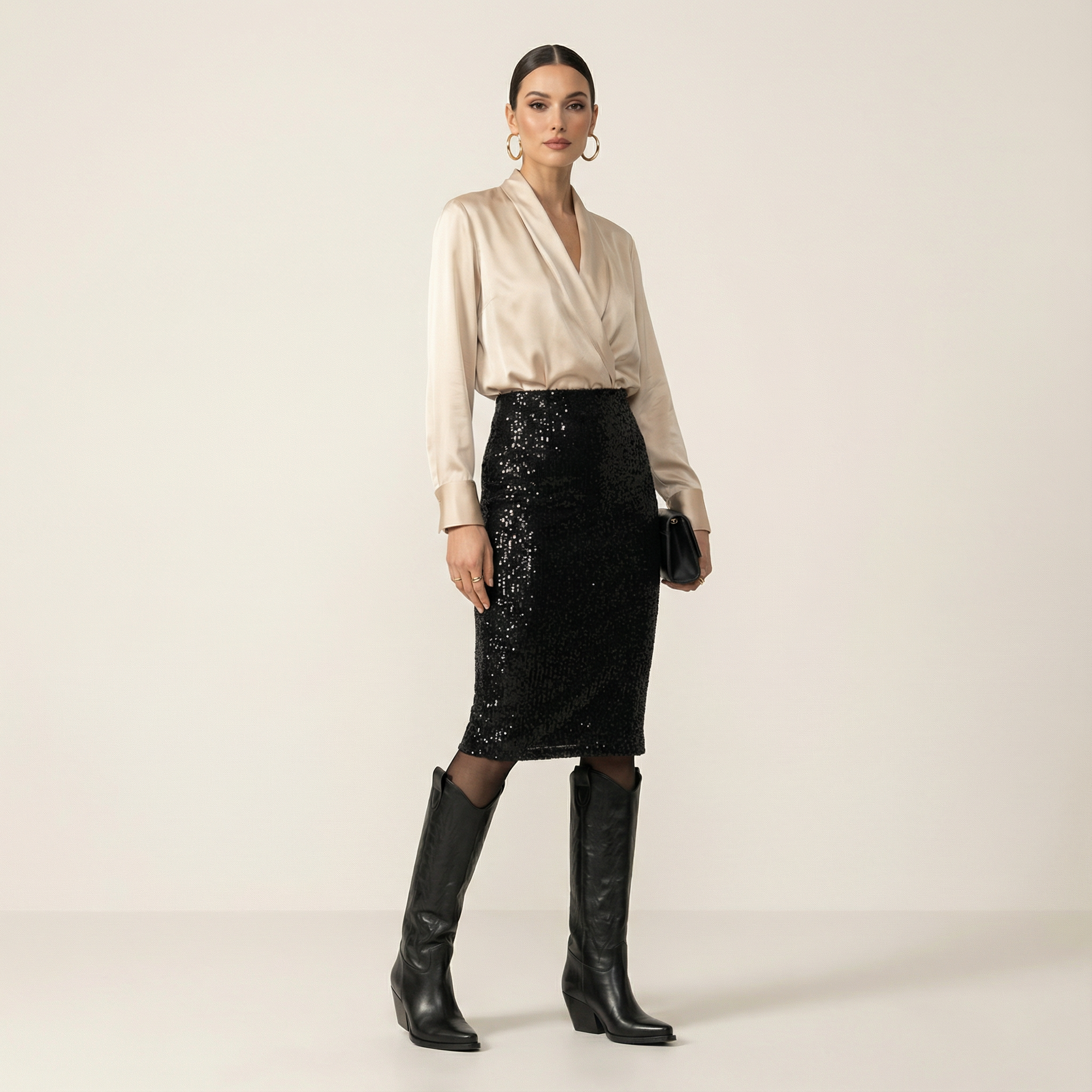 Party Perfect: Sequin Skirt, Satin Blouse, and Black Knee-High Boots Party Perfect: Sequin Skirt, Satin Blouse, and Black Knee-High Boots — Over the Knee Boots Outfits