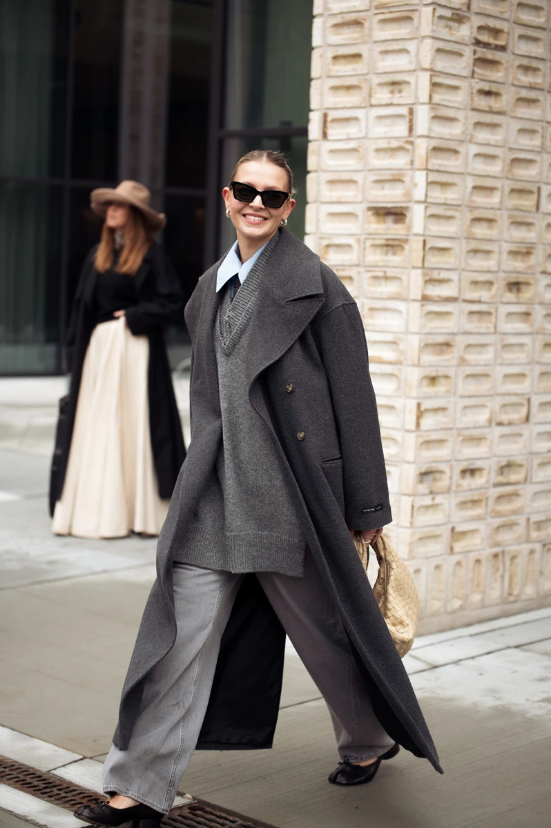 Layered Dark Grey Long Coat with Sweater Vest — Long Coat Outfits
