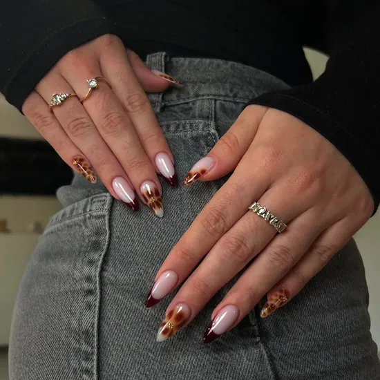 Burgundy French Leopard Print Almond Nails — Winter Almond Nails