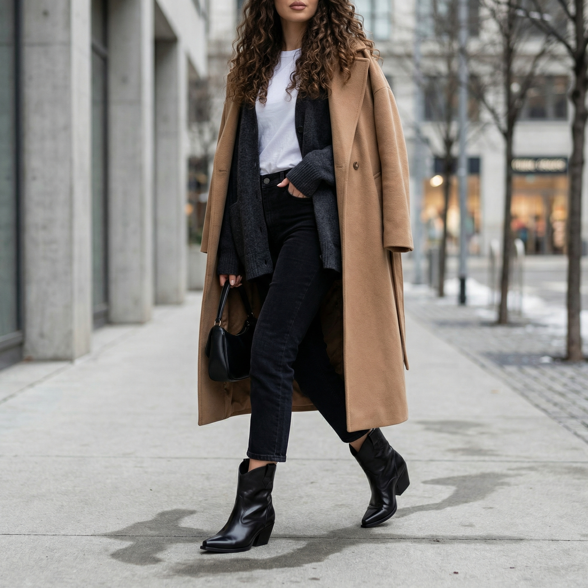 Winter Ensemble: Cowboy Ankle Boots with Blazer, Camel Coat, and Grey Jeans Winter Ensemble: Cowboy Ankle Boots with Blazer, Camel Coat, and Grey Jeans — Ankle Boots Outfits