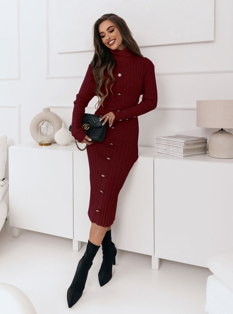 Burgundy Ribbed Turtleneck Dress with Gold Button Detail Burgundy Ribbed Turtleneck Dress with Gold Button Detail — Sweater Dress Outfits