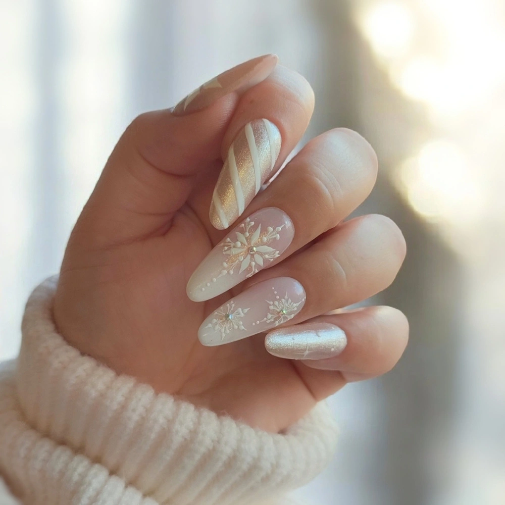 Pearlescent Nude with Snowflake and Stripes Pearlescent Nude with Snowflake and Stripes — Winter Nail Art