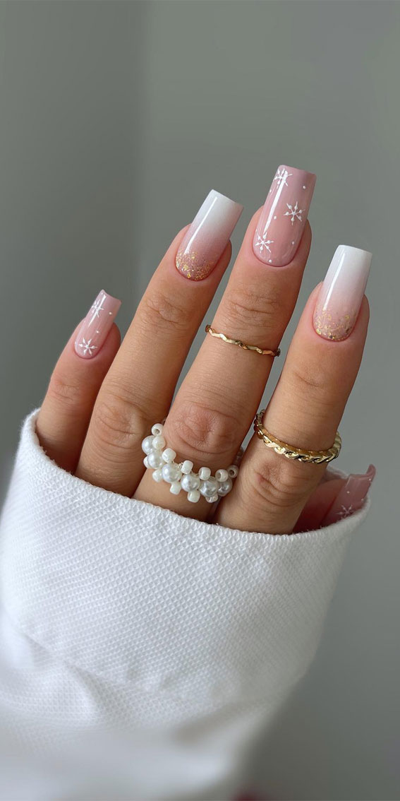 Long Square Pinky-Nude Ombre with Snowflakes — Winter Square Nails